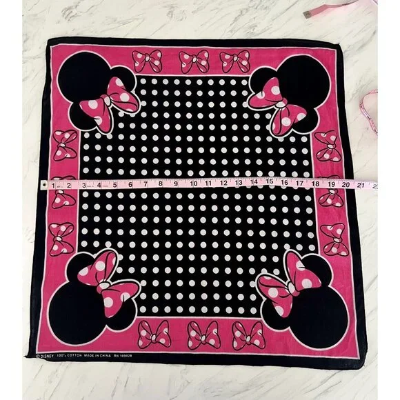 Disney Minnie Mouse Scarf Bandana Handkerchief Pink Black White Polka Dot Cotton - Picture 5 of 6